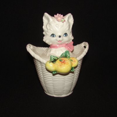 Vintage Lefton Kitty Cat Pixie Jam Jar w/attached spoon  